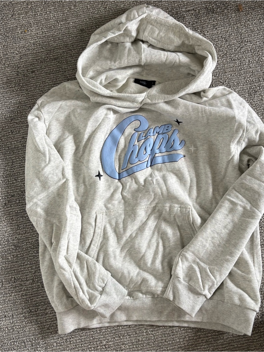 L.A.M.B. Light Gray Hoodie with Blue Script Logo